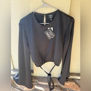 Bar III Black Long Sleeve Blouse with Tie Detail